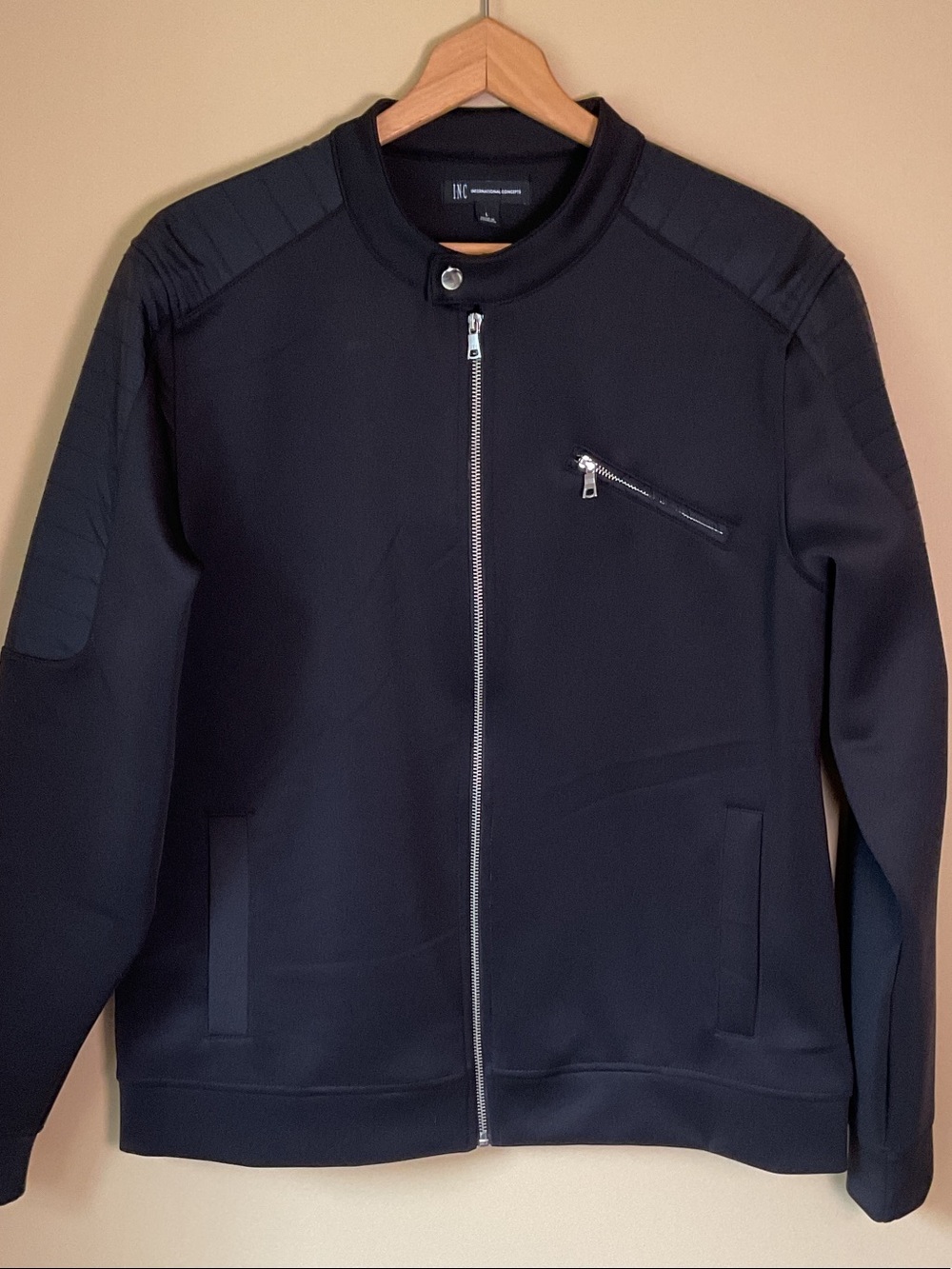 INC International Concepts Black Bomber Jacket with Quilted Shoulders Size L